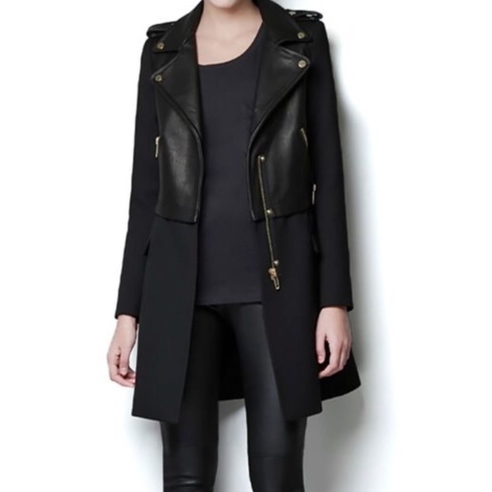 ZARA black leather biker peacoat